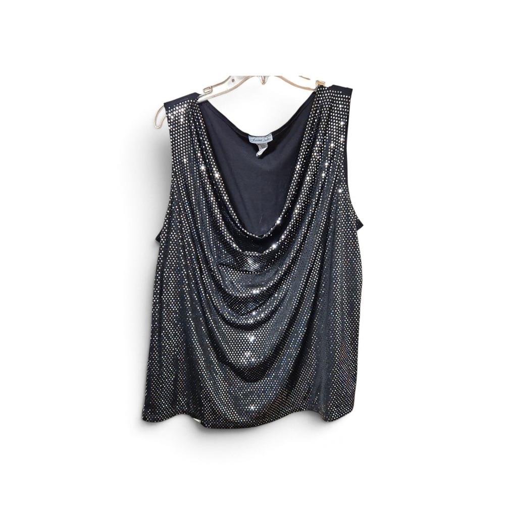 Forever Jade Black Silver Metallic Dot Cowl Neck Sleeveless Party Blouse 0568